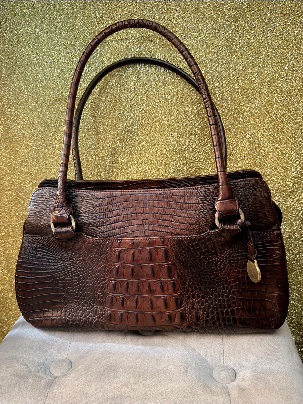 Brown Croc-Embossed Leather Shoulder Bag - Women's Tote